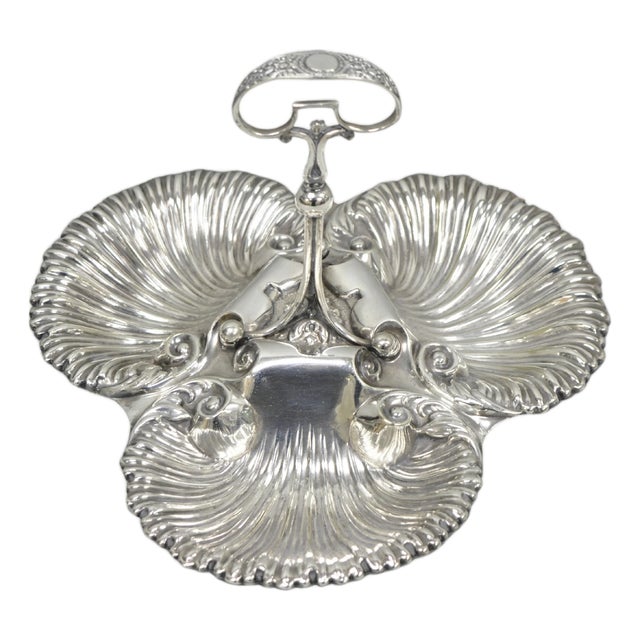 Antique English Victorian Silver Plated Triple Clam Shell Nautical Candy Dish For Sale
