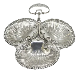 Antique English Victorian Silver Plated Triple Clam Shell Nautical Candy Dish