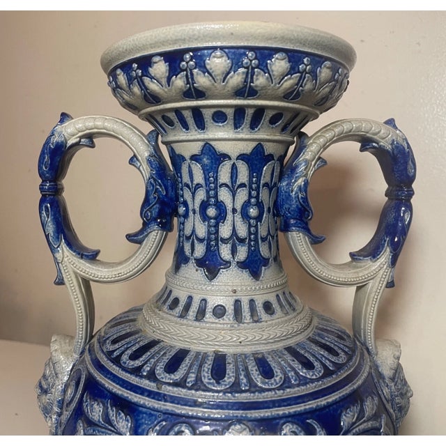 19th Century Large Antique Handmade Figural Blue Westerwald R. Hanke German Pottery Vase Jug For Sale - Image 5 of 11