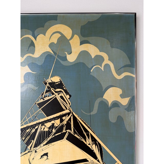 Wood 1980 Florilore Mid-Century Modern “Tinker Toy” Boat Painting on Board, Framed For Sale - Image 7 of 12