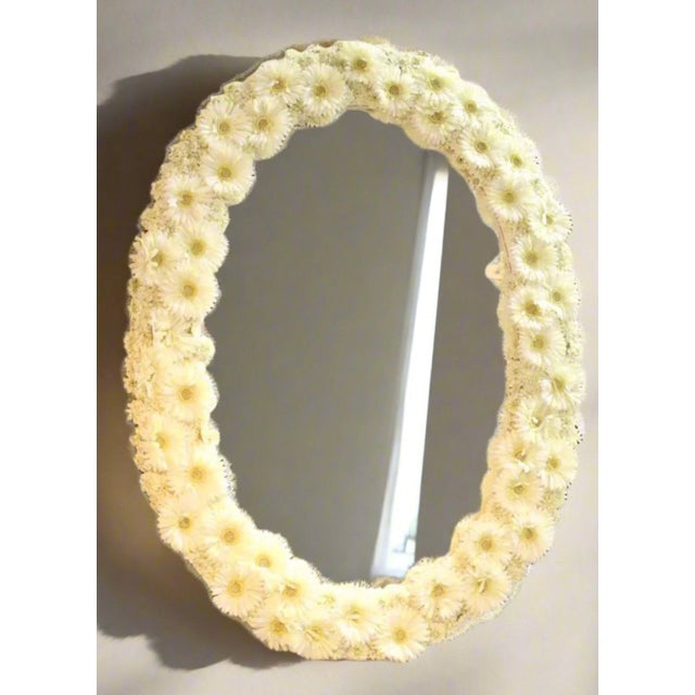 Vintage 1990s whimsical oval wall mirror. Wood frame detailed with fabric daisies, Condition: Good vintage condition...