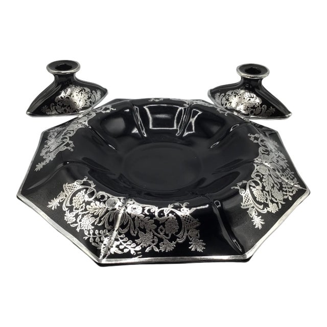 Early 20th Century Rockwell Floral Sterling Silver Black Amethyst Footed Glass Bowl and Pair of Candle Holders-Set of 3 For Sale