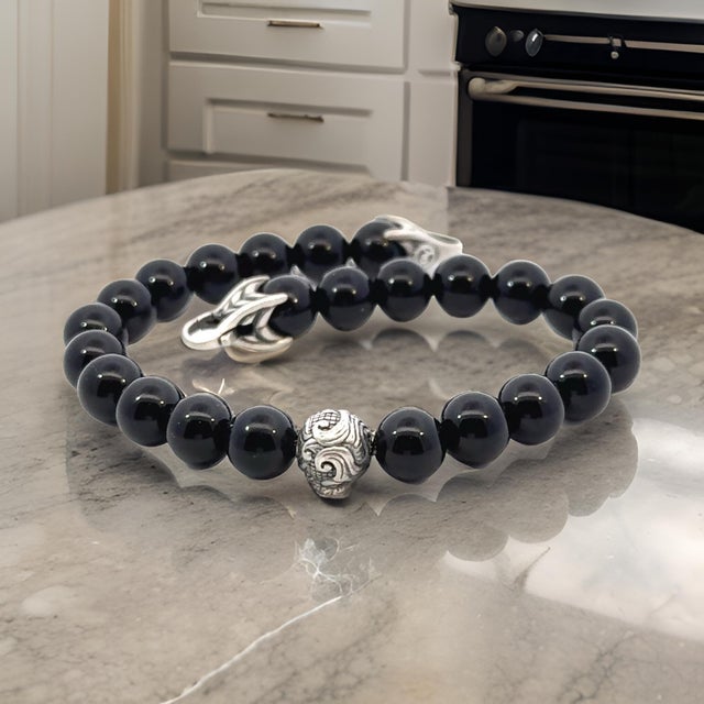 1990s David Yurman Estate Matte Onyx Carved Prayer Beads Bracelet 8.5" Silver For Sale - Image 11 of 12