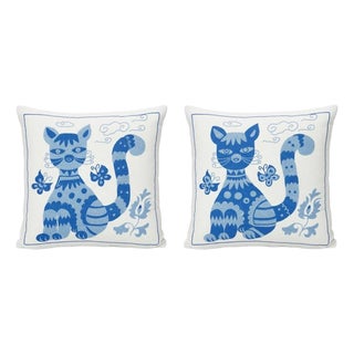 18"x19" Set of 2 Silk Embroidery Cushion Covers. Cat Patterned Accent Pillows For Sale