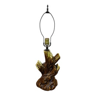 Vintage Mid-Century Modern Ceramic Driftwood Yellow Brown Drip Glaze Tree Branch Table Lamp For Sale