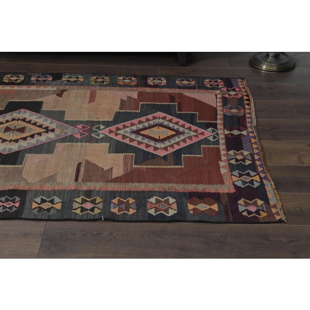 70's Brown Turkish Oushak Handmade Wool Geometric Motif Runner Rug For Sale - Image 9 of 11