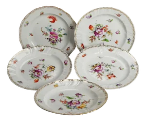 Circa 1900s Antique Meissen Porcelain Plates with Hand Painted Flowers & Gilt- Set of 5