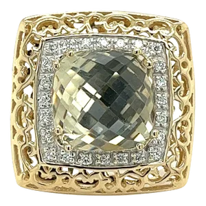 Sky Blue Topaz and Diamond Ring in 14k Gold Curved Filigree Wide Frame Size 7