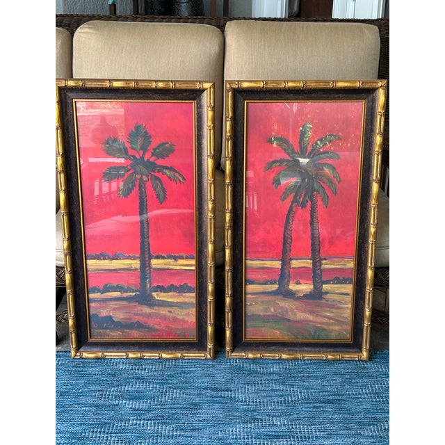 Vintage Pair of Large Tropical Palm Tree Prints in Faux Bamboo Gold Frames For Sale - Image 10 of 16