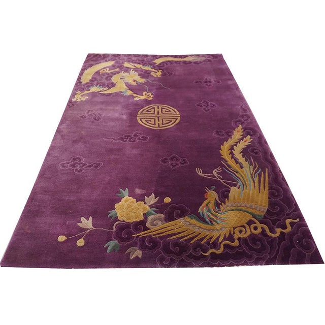 1920 Chinese - Art Deco Rug 4' 11"x7' 10" This circa-1920 Chinese Art Deco rug features a vibrant royal purple ground...