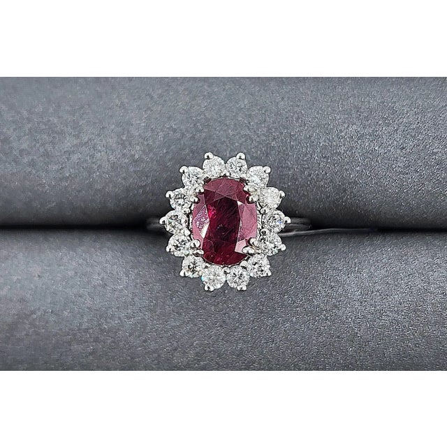 Red Natural Ruby & Diamond Halo Ring in 14k White Gold – 2.05 Ct Size 5 For Sale - Image 8 of 9