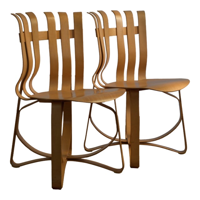 Pair of Frank Gehry "Hat Trick" Dining Chairs for Knoll, Bentwood Maple, Signed & Dated 1990 For Sale