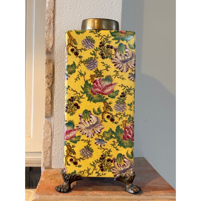 French Provincial Vintage Set of 2 Large Yellow Gold Paw Footed Garden Urn Jars Brass Caps For Sale - Image 3 of 18