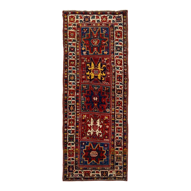 Handmade Wool Antique Runner Caucasian Kazak With Multicolor Design For Sale