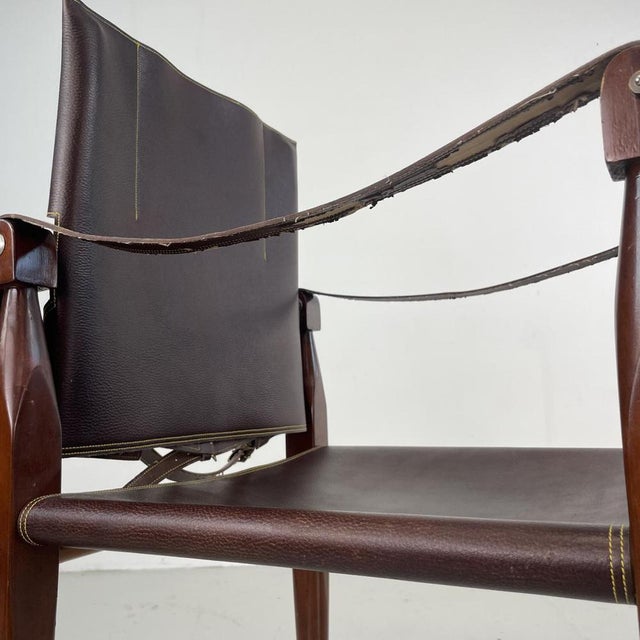 French Teak and Brown Leather Safari Chair, 1930s For Sale - Image 9 of 11