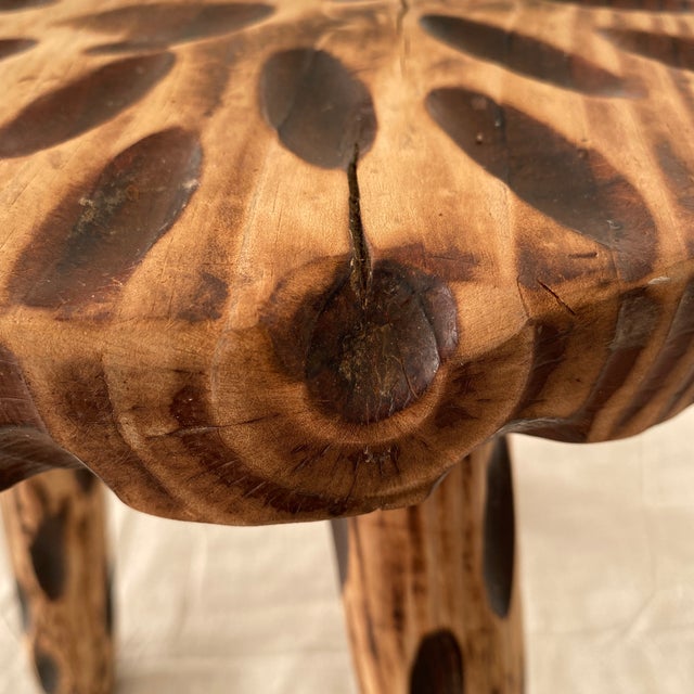 1960s Vintage Brutalist Hand Carved Tripod Milking Stool For Sale - Image 5 of 12