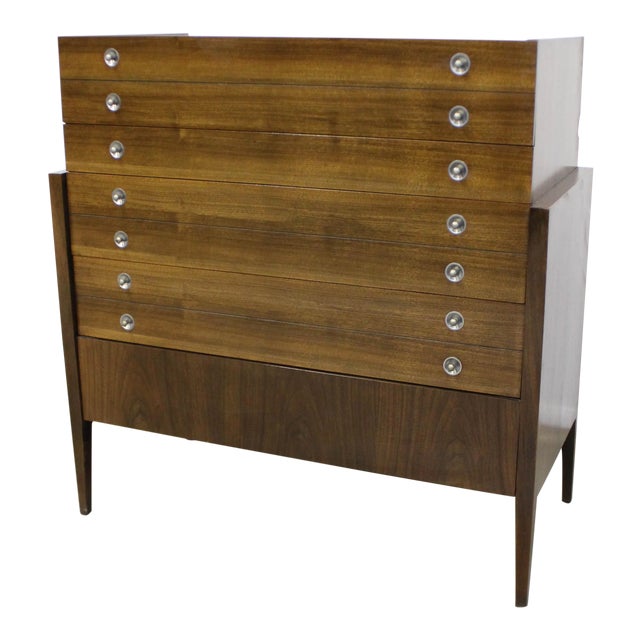 Mid Century Modern 5 Drawer Walnut Tall Chest Of Drawers Dresser