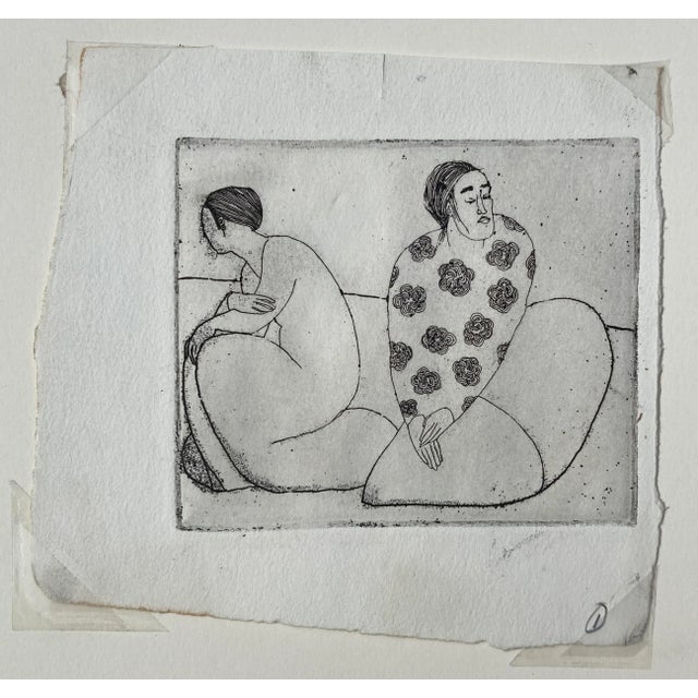 1970s unsigned etching of two seated figures.