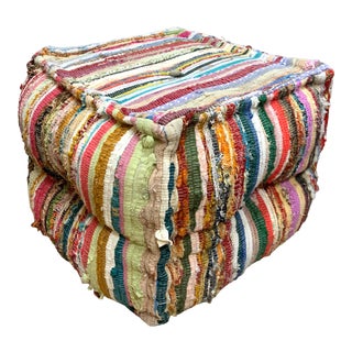 1990s Boho Chic Square Rag Rug Fabric Stool/Ottoman For Sale
