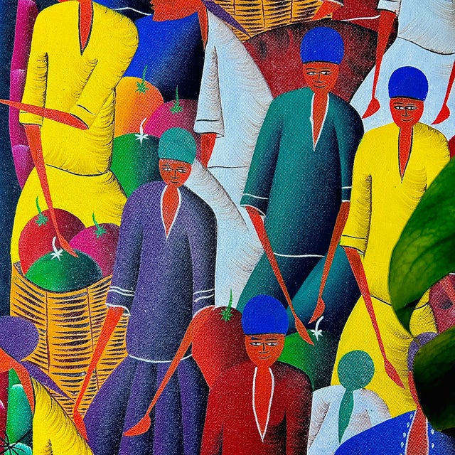 Signed Haitian Market Scene Folk Art Painting in Yellow Frame, 26" For Sale - Image 4 of 11