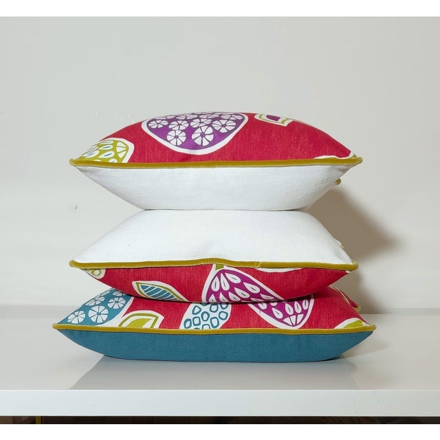 Vibrant Cottagecore Charm: Hana Chess in Ruby + Romo Miro in Beijing Blue + Down-Feather Filled Pillows = a Set of 4 For Sale - Image 16 of 17