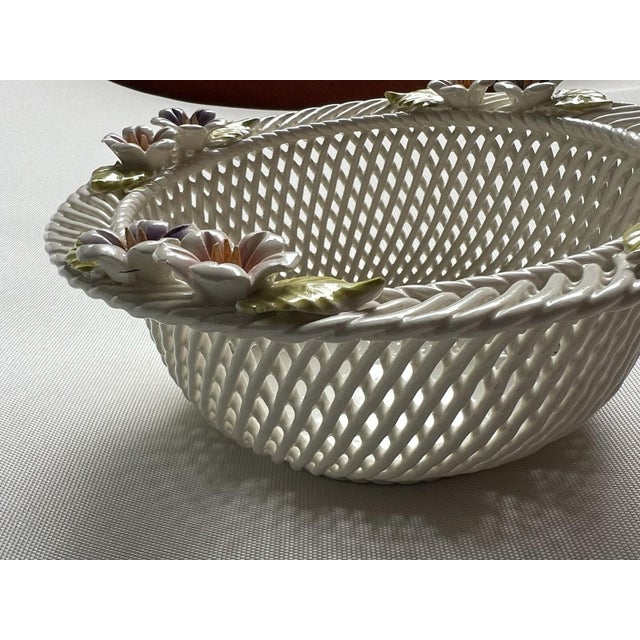 Mid 20th Century Bowl Irish Porcelain Woven Basket Flowers Porcelain Belleek Style Unmarked Vtg. For Sale - Image 13 of 18