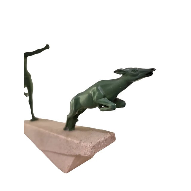 1920s Marcel Bouraine / Demarco, Art Deco Hunting Atlanta or Diana Figure with Antelope, 1920s, Metal on Stone Base For Sale - Image 5 of 9
