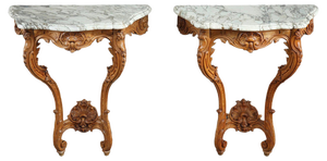 Louis XV-Style Console Tables with Marble Tops, Set of 2