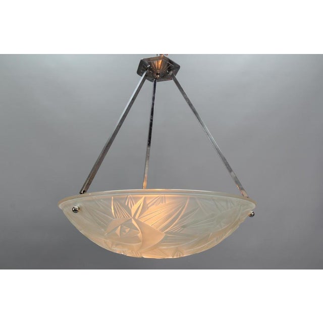 Art Deco French Chromed Brass and Frosted Glass Pendant Light by Noverdy, 1930s For Sale - Image 6 of 18