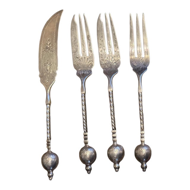 4 Piece Antique Victorian Art Nouveau Floral Engraved Sterling Silver Serving Set For Sale