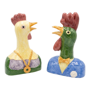 Late 20th Century Hand-Painted Italian Majolica Anthropomorphic Rooster and Hen Busts by Turtle and Crane - Palm Beach Regency Whimsy