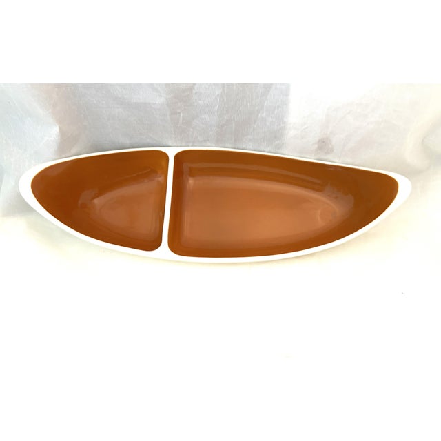 Antique White Mid Century Modern Ceramic White & Rust Taylor Smith Boat Shaped Divided Bowl For Sale - Image 8 of 11