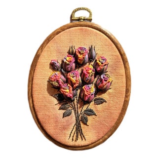 3d Rose Stumpwork Embroidery Art, Framed Botanical Sculpture, Handmade Floral Wall Decor For Sale