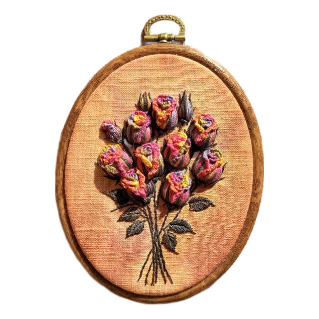 3d Rose Stumpwork Embroidery Art, Framed Botanical Sculpture, Handmade Floral Wall Decor For Sale
