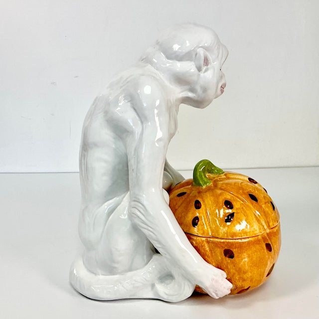 Chinoiserie 1940s Vintage Majolica Chinoiserie Hollywood Regency Figural Monkey Holding Pumpkin Gourd For Sale - Image 3 of 18