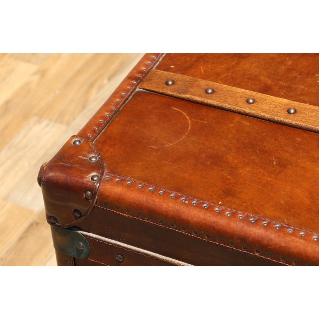 2000 - 2009 Restoration Hardware Vintage Leather Trunk Coffee Table | Campaign Style Storage Chest Cocktail Table For Sale - Image 5 of 18