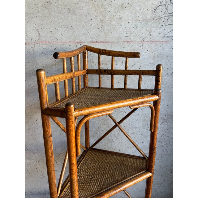 Vintage 1950s Tiger Rattan Corner Shelf, Pagoda Top, Three Tier For Sale In Miami - Image 6 of 6