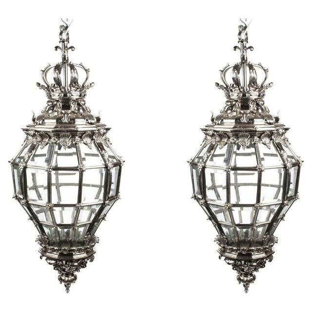 Vintage Versailles Silver Bronze Diamond Baluster Lanterns, Set of 2 For Sale - Image 11 of 11