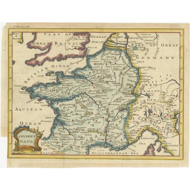 Title: FRANCE – Ancient Gaul, Roman Provinces and Tribal Regions, Hand-Colored Map c.1748 : This original antique map...