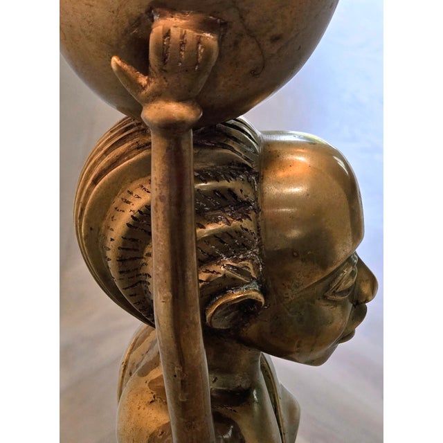 Vintage African Brass Figural Lady Table Lamp With Frosted Globe For Sale - Image 9 of 15