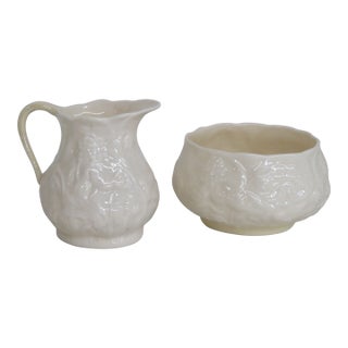 Belleek Ireland Porcelain Lotus Pattern Creamer and Sugar Bowl Set 4638b For Sale