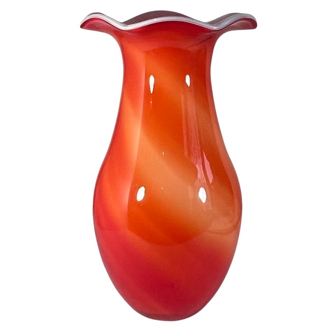 Late 20th Century 13 3/4 In. Tall Vintage Bulbous Scalloped Rim Cased White Orange Art Glass Vase For Sale - Image 5 of 15