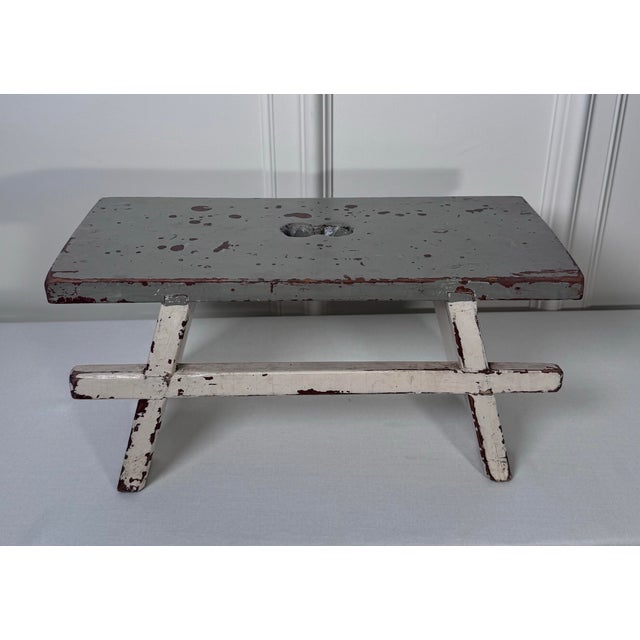 Early 20th Century Vintage Scandinavian Folk Art Painted Solid Wood Low Stool, Dove Gray & Off White For Sale - Image 5 of 12