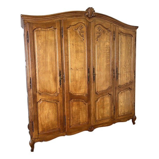 Vintage French Louis XVI Style Carved Oak 4-Door Armoire For Sale