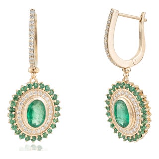 2.12ct Emerald Diamond Drop Earrings With Lever Back Closure in 14k Yellow Gold For Sale