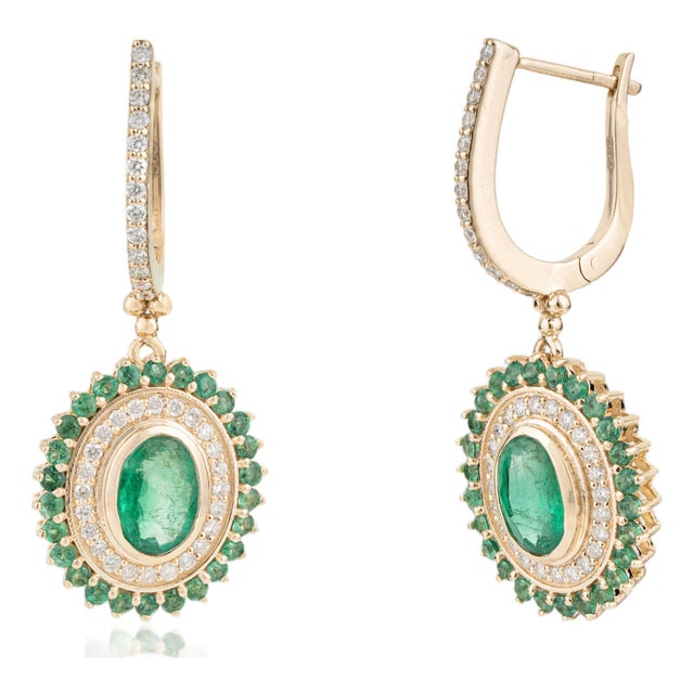 2.12ct Emerald Diamond Drop Earrings With Lever Back Closure in 14k Yellow Gold For Sale