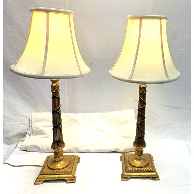 Vintage Hollywood Regency Style Gold Leaf Column Candlestick Lamps- A Pair For Sale - Image 17 of 18