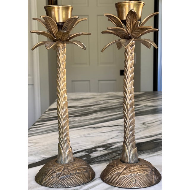 Made in India British Colonial Solid Brass Palm Tree Candle Holders - A Pair For Sale - Image 4 of 9