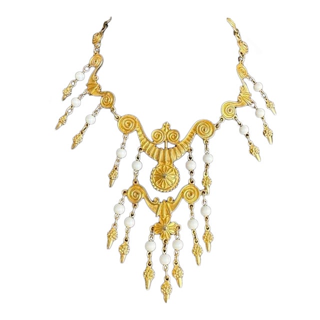 Vintage Gold Bib Statement Necklace Waterfall Pendants Egyptian Cleopatra Vendome For Sale