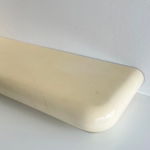 Postmodern Lacquered Faux Goatskin Wall Mounted Floating Console and Mirror For Sale - Image 9 of 11